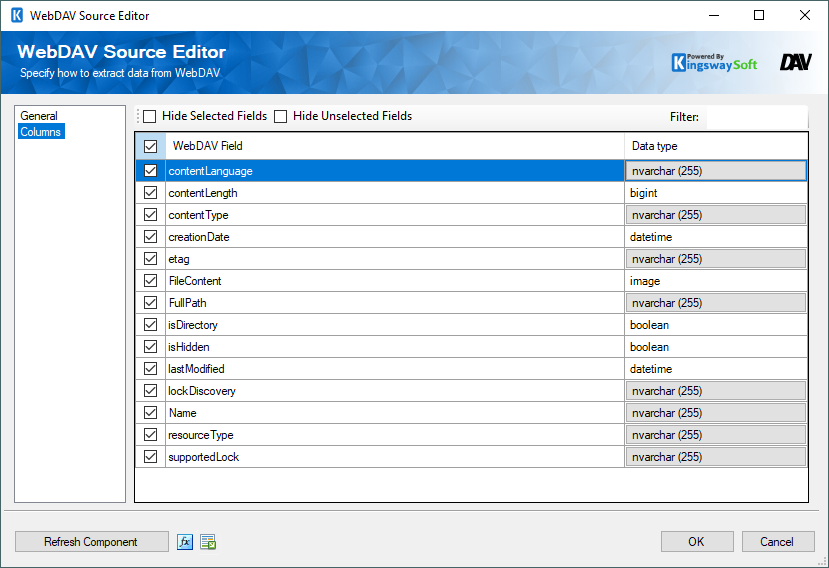 WebDAV Source Editor - Columns
